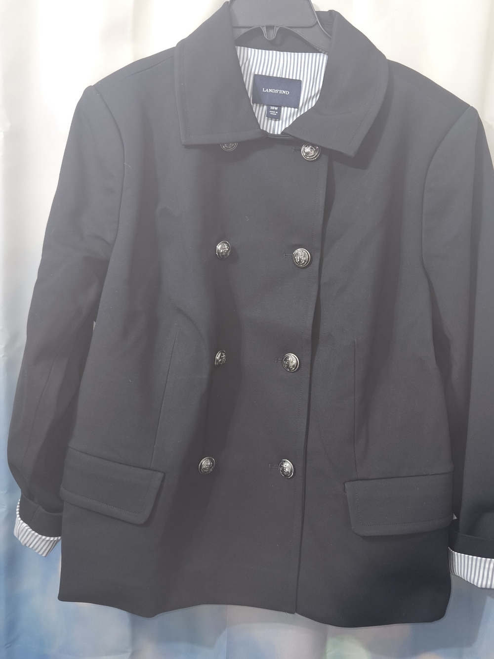 Lands' End Navy Pea Coat with Built in Pinstried Lining